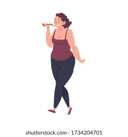 Smiling Plump Woman Eating Pizza, Plus Size Woman Enjoying of Fast Food Dish, Unhealthy Lifestyle Vector Illustration