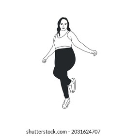 Smiling plus size woman in tracksuit. Yoga and workout. Body positive.