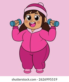 Smiling plus-size girl lifting dumbbells in winter workout clothes, cartoon vector, fitness and health concept.