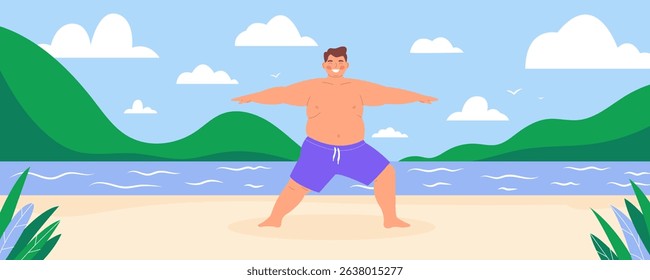 Smiling plus-size man practicing yoga or exercise on a serene beach. Body-positive banner, vector flat hand drawn illustration, self-acceptance and a healthy lifestyle, wellness, fitness concept.