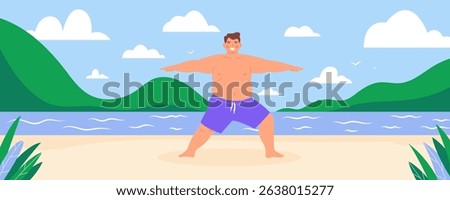 Smiling plus-size man practicing yoga or exercise on a serene beach. Body-positive banner, vector flat hand drawn illustration, self-acceptance and a healthy lifestyle, wellness, fitness concept.