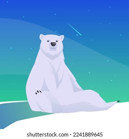 Smiling polar bear sitting on snow flat style, vector illustration. Falling star on background, cute big arctic predator animal, funny pose. Endangered animal species