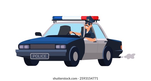 Smiling police officer driving classic black and white patrol car with red and blue emergency lights. Traffic policeman. Cartoon vector illustration.