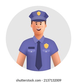 Oficial de policía sonriente. Policía con uniforme. Ilustración de caracteres de personas vectoriales 3d. Dibujo de estilo mínimo.