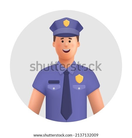 Smiling police officer. Policeman in uniform. 3d vector people character illustration. Cartoon minimal style.