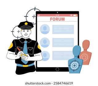 Smiling police officer taking notes near a large tablet displaying an online forum, with target dummies and crosshairs in the background. Concept of cybercrime