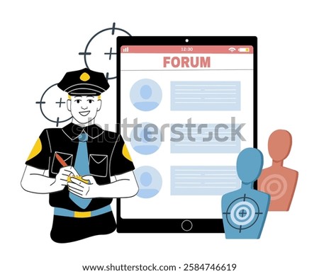 Smiling police officer taking notes near a large tablet displaying an online forum, with target dummies and crosshairs in the background. Concept of cybercrime