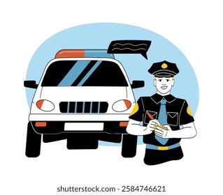 Smiling police officer writing a ticket near a patrol car with a speech bubble. Modern flat style on a blue background. Law enforcement concept