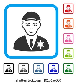 Smiling Police Sheriff vector pictograph. Human face has enjoy emotion. Black, grey, green, blue, red, orange color versions of police sheriff symbol inside a rounded rectangular frame.