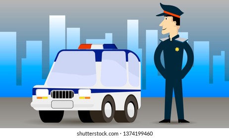smiling policeman near the patrol car on the background of urban architecture. flat character design. vector