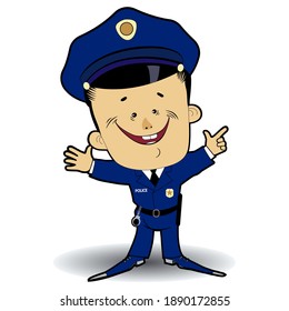 Smiling policeman points with hand.
Vector illustration of an employee, a symbolic image of a person in action.