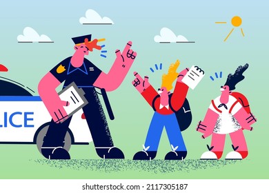 Smiling Policeman Talk To Excited Small Kids Playing On Street. Happy Male Police Officer Chat Speak With Little Teen Children Outdoor. Politeness And Public Services. Flat Vector Illustration. 