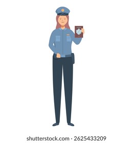 Smiling policewoman holding badge standing upright full length figure