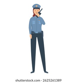 Smiling policewoman talking on radio wearing uniform standing upright
