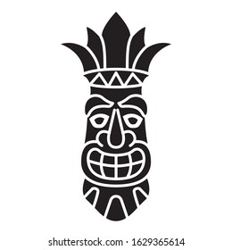 Smiling polynesian tiki mask silhouette isolated on white background. Hawaiian tribal mask. Vector cartoon style.Design element for  tropical themed party.