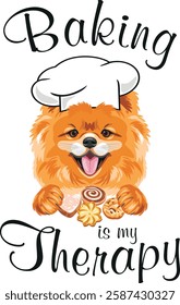 Smiling Pomeranian dog in cook hat. Baking is my therapy. Vector