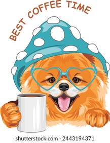 Smiling Pomeranian dog with a mug of coffee. Best coffee time. Vector