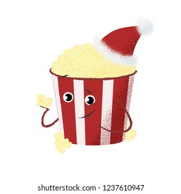 Smiling popcorn bucket wearing Santa hat. Food, character, snack. Can be used for topics like cinema, movie, entertainment