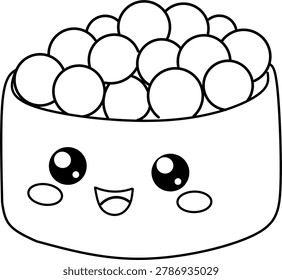 A smiling popcorn container filled with popped kernels, featuring large eyes and a cheerful mouth, centered in the frame.