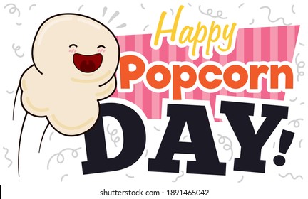 Smiling popped kernel in a party with confetti and streamers promoting a happy Popcorn Day.