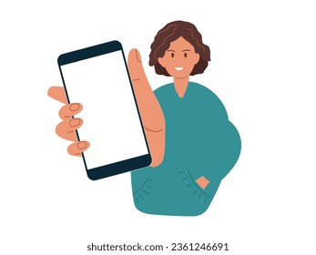 Smiling positive girl holding mobile smart phone with blank screen isolated on while background. Phone mockup with copy space. Vector icon flat illustration. Application on touch screen device.