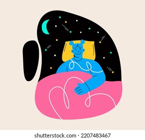 Smiling positive girl sleeping at night with moon with deep, sweet and healthy dreams. Comfort sleeping, sweet dreams concept. Colorful vector illustration
