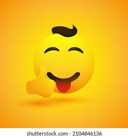 Smiling Positive Happy Cheering Satisfied Young Male Emoji with Hair and Stuck Out Tongue Showing Thumbs Up - Simple Happy Emoticon on Yellow Background - Vector Design