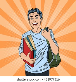 Estudante de arte pop masculino positivo sorridente com mochila e livros. Ilustração vetorial