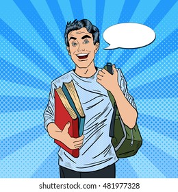 Smiling Positive Male Pop Art Student with Backpack and Books. Vector illustration