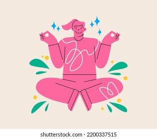 Mujer positiva sonriente sentada meditando practicando yoga. Practicar la meditación y el concepto de estilo de vida saludable. Ilustración vectorial colorida
