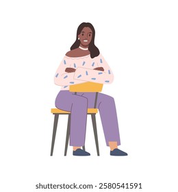 Smiling positive woman sitting on chair. Vector flat cartoon character, isolated female personage with cheerful expression, talking or communicating. Comfortable pose of girl during talk