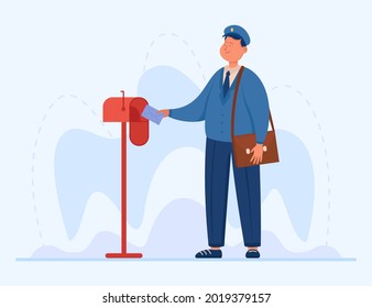 Smiling postman putting letter into mailbox. Male cartoon character in uniform with bag delivering envelope flat vector illustration. Delivery, profession, mail concept for banner, or landing web page