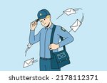 Smiling postman in uniform with bag full of post to deliver. Happy young mailman delivering letters to receivers. Postal service. Vector illustration. 