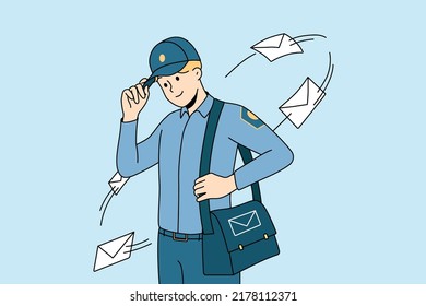 Smiling postman in uniform with bag full of post to deliver. Happy young mailman delivering letters to receivers. Postal service. Vector illustration. 