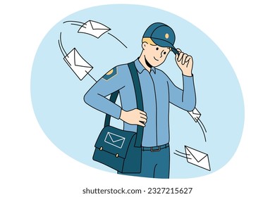 Smiling postman in uniform with bag full of post to deliver. Happy young mailman delivering letters to receivers. Postal service. Vector illustration.