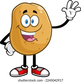 Smiling Potato Cartoon Character Waving For Greeting. Vector Hand Drawn Illustration Isolated On Transparent Background