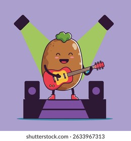 A smiling potato character with green sprout hair plays a red electric guitar on a stage, under stage lights.