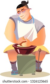 Smiling potter character makes a clay product. A man works on a potter's wheel. Vector flat cartoon illustration.