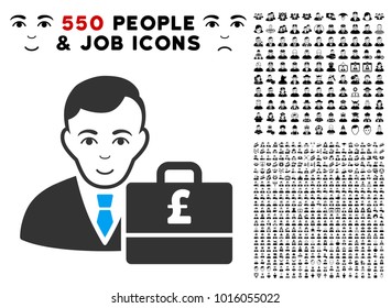 Smiling Pound Sterling Accounter vector pictograph with 550 bonus pitiful and happy person icons. Human face has positive feeling. Bonus style is flat black iconic symbols.