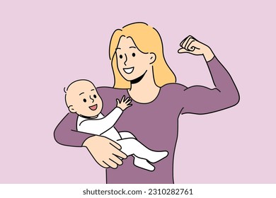 Smiling powerful mother showing bicep holding newborn baby on arms. Happy strong mom with child in hands. Motherhood and heroism. Vector illustration. 