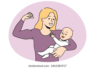 Smiling powerful mother showing bicep holding newborn baby on arms. Happy strong mom with child in hands. Motherhood and heroism. Vector illustration.