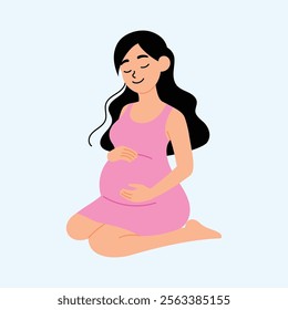 smiling pregnancy woman wearing pink dress sitting on the floor and touching her belly illustration 