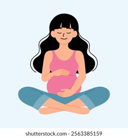 smiling pregnancy woman wearing pink top and jeans sitting on the floor and touching her belly illustration