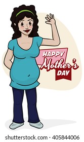 Smiling pregnant brunette woman waving you in Mother's Day.