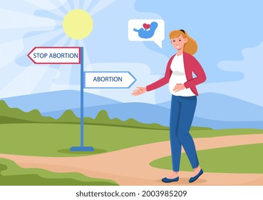 Smiling pregnant female character is standing next to divarication with stop abortion. Confused pregnant woman choosing to stop abortion or make abortion. Flat cartoon vector illustration