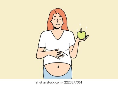 Smiling pregnant woman with apple. Vector Smiling young pregnant woman holding apple recommend healthy diet. Happy female follow pregnancy nutrition eat fruits. Vector illustration. 