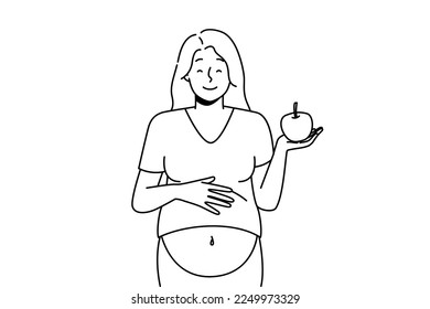 Smiling pregnant woman with apple. Vector Smiling young pregnant woman holding apple recommend healthy diet. Happy female follow pregnancy nutrition eat fruits. Vector illustration. 