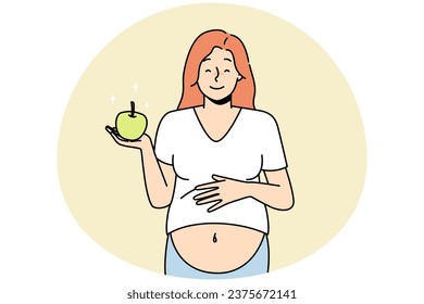 Smiling pregnant woman with apple. Vector Smiling young pregnant woman holding apple recommend healthy diet. Happy female follow pregnancy nutrition eat fruits. Vector illustration.