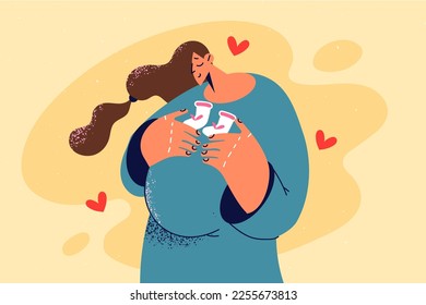 Smiling pregnant woman with baby shoes excited about motherhood. Happy future mother expecting for child. Pregnancy concept. Vector illustration. 