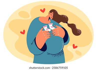 Smiling pregnant woman with baby shoes excited about motherhood. Happy future mother expecting for child. Pregnancy concept. Vector illustration.